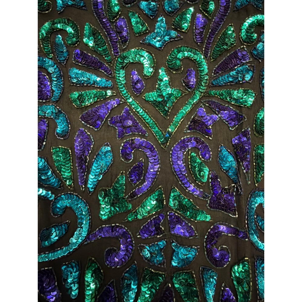Stenay Vintage Silk Sequin Blouse Teal Purple Green Beaded Evening Top Large - Picture 4 of 5